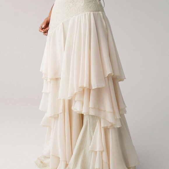 Beige Asymmetrical Party Women's Chiffon Ruffle Patchwork Loose Hem Pants - Picture 4 of 6